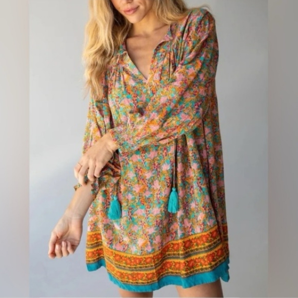 NATURAL LIFE Floral Boho Tunic Dress with Turquoise Trim - Picture 3 of 7
